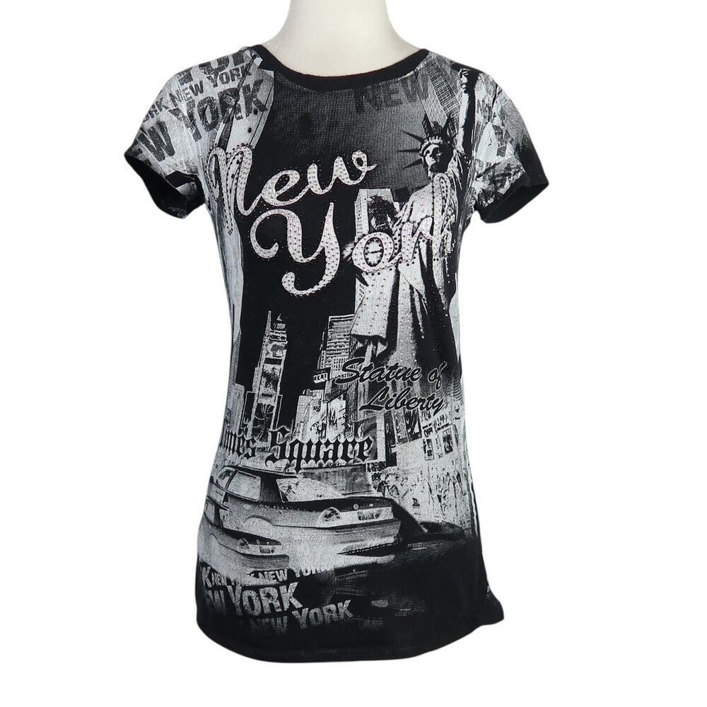 Vintage Y2K Davida Black and White New York Rhinestone Graphic Tee S